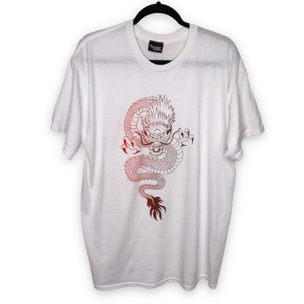 Popular Sports Dragon Graphic White Short Sleeve Crew Neck T Shirt Size Large